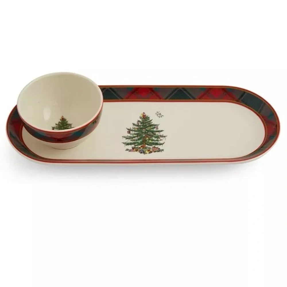 Spode Christmas Tree Tartan Chip Dip Set NIB 2pc Porcelain Holiday Serveware